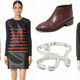 No. 21 Sweater with Front Tie, $66 | Cedric Charlier Stripe Leather Dress, $259 | 3.1 Phillip Lim Alexa Chelsea Studded Booties, $223 | Marc Jacobs Icon Open Hinge Cuff Bracelet, $73 | D, $89